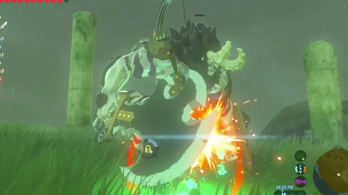 Link blocking a Lynel's swing with his shield, a guard spark flashing