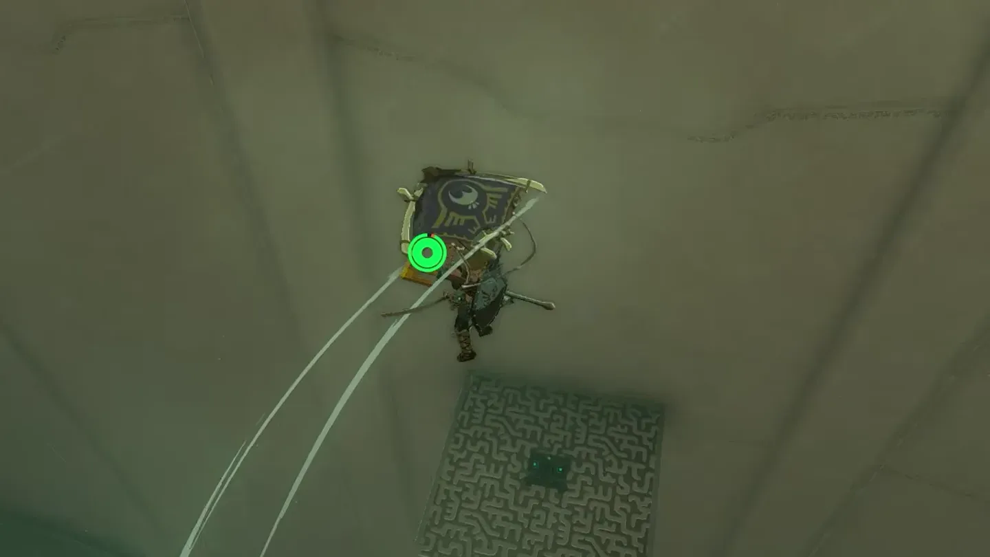 Link gliding toward the chest platform