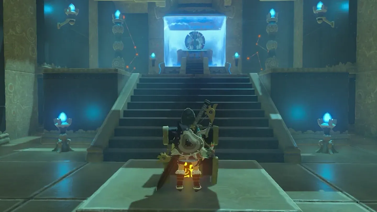 Link opening the treasure chest in front of the stairs to the monk