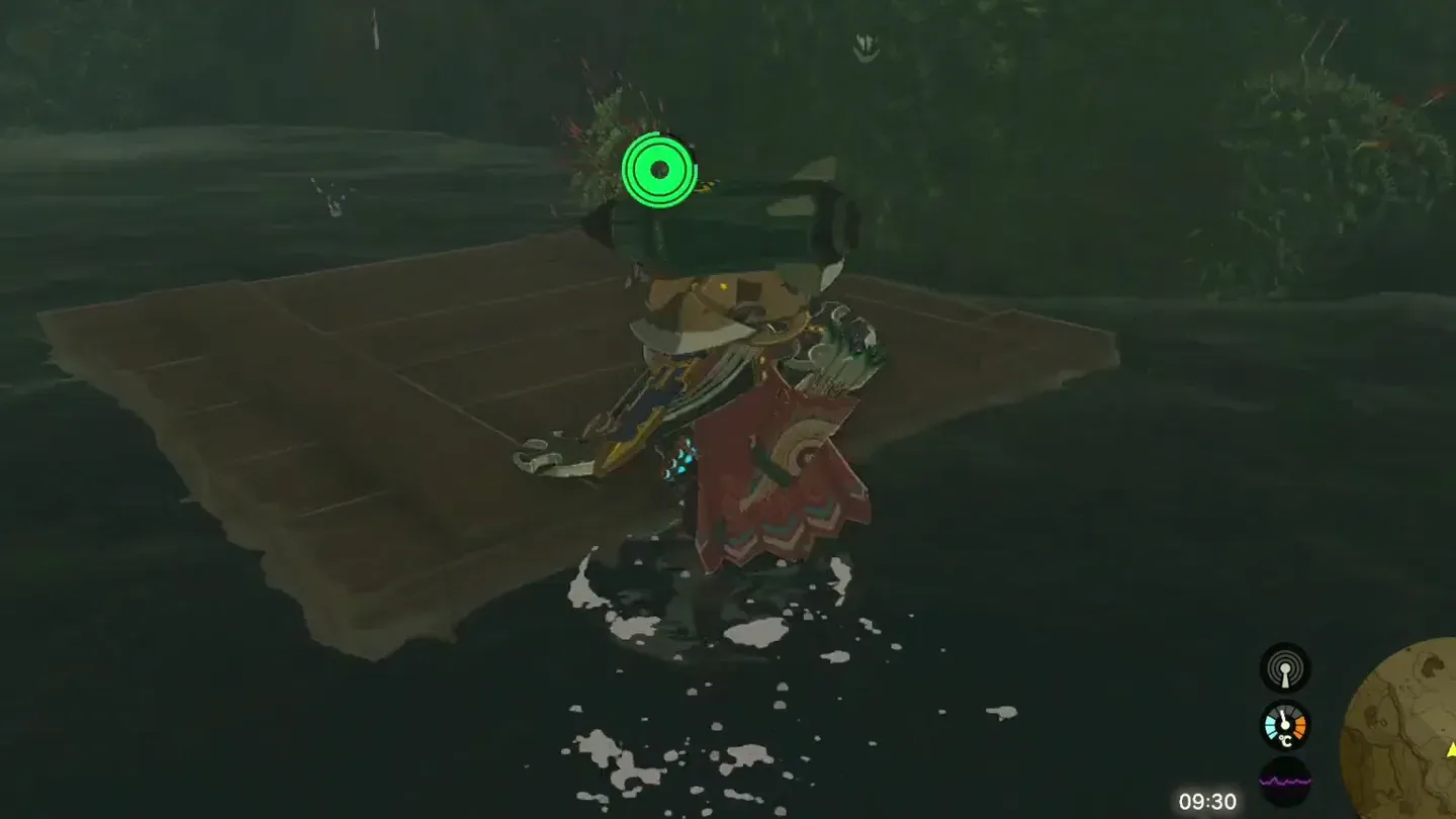 Link standing on the wooden board floating on the water