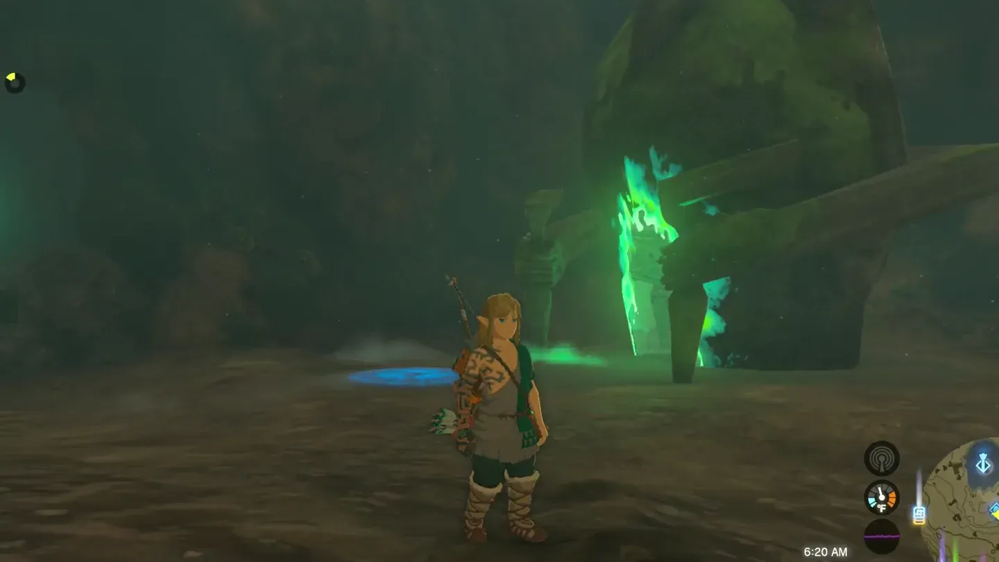 Link in front of the shrine entrance with its green flame