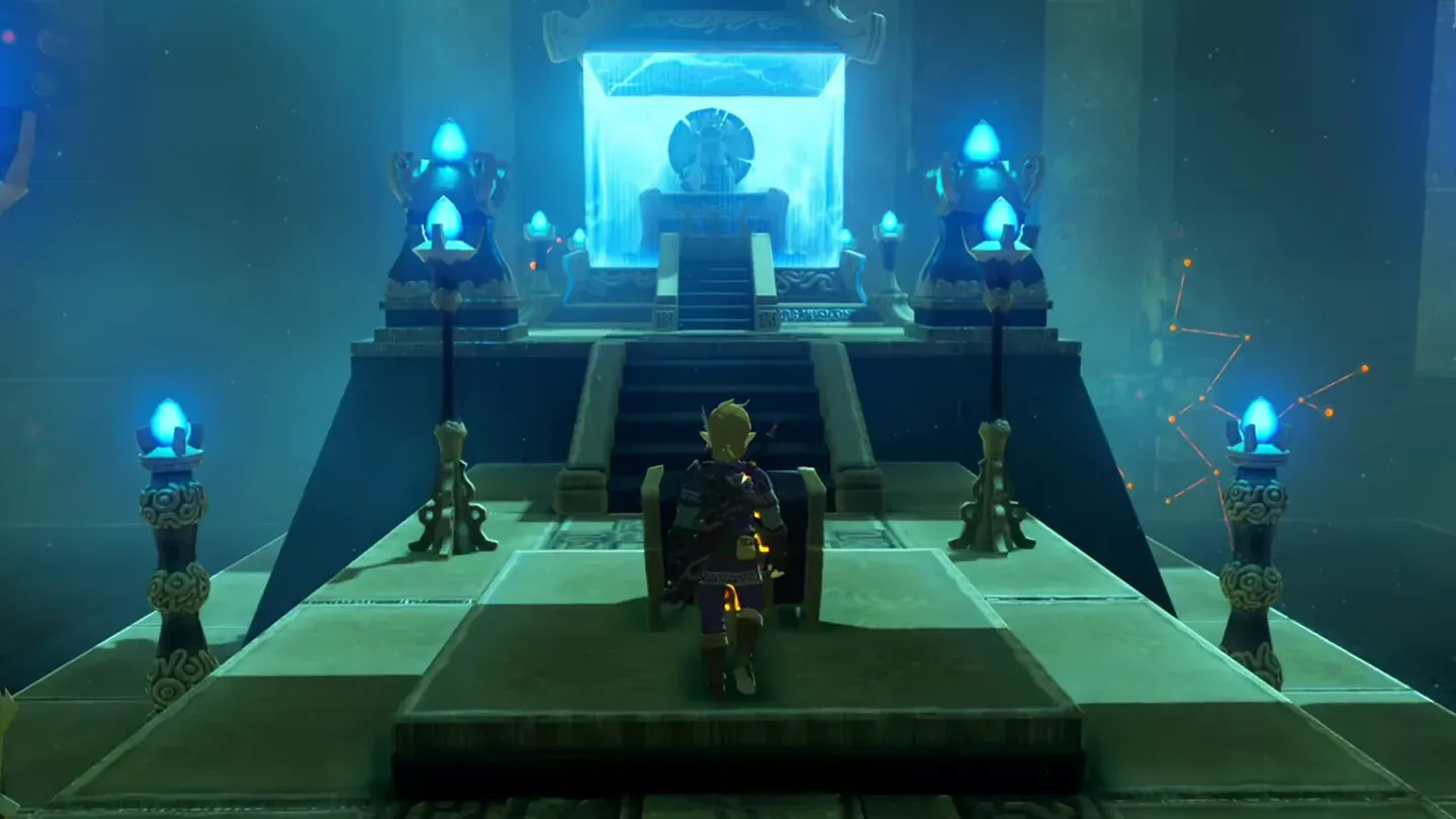 Link at the treasure chest on the main path to the altar