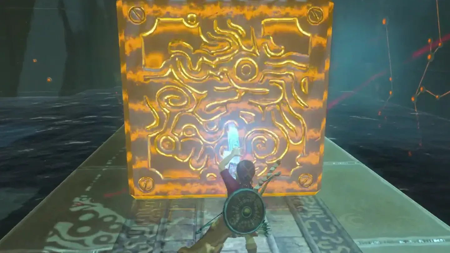 Link pulling the large metal block out with Magnesis