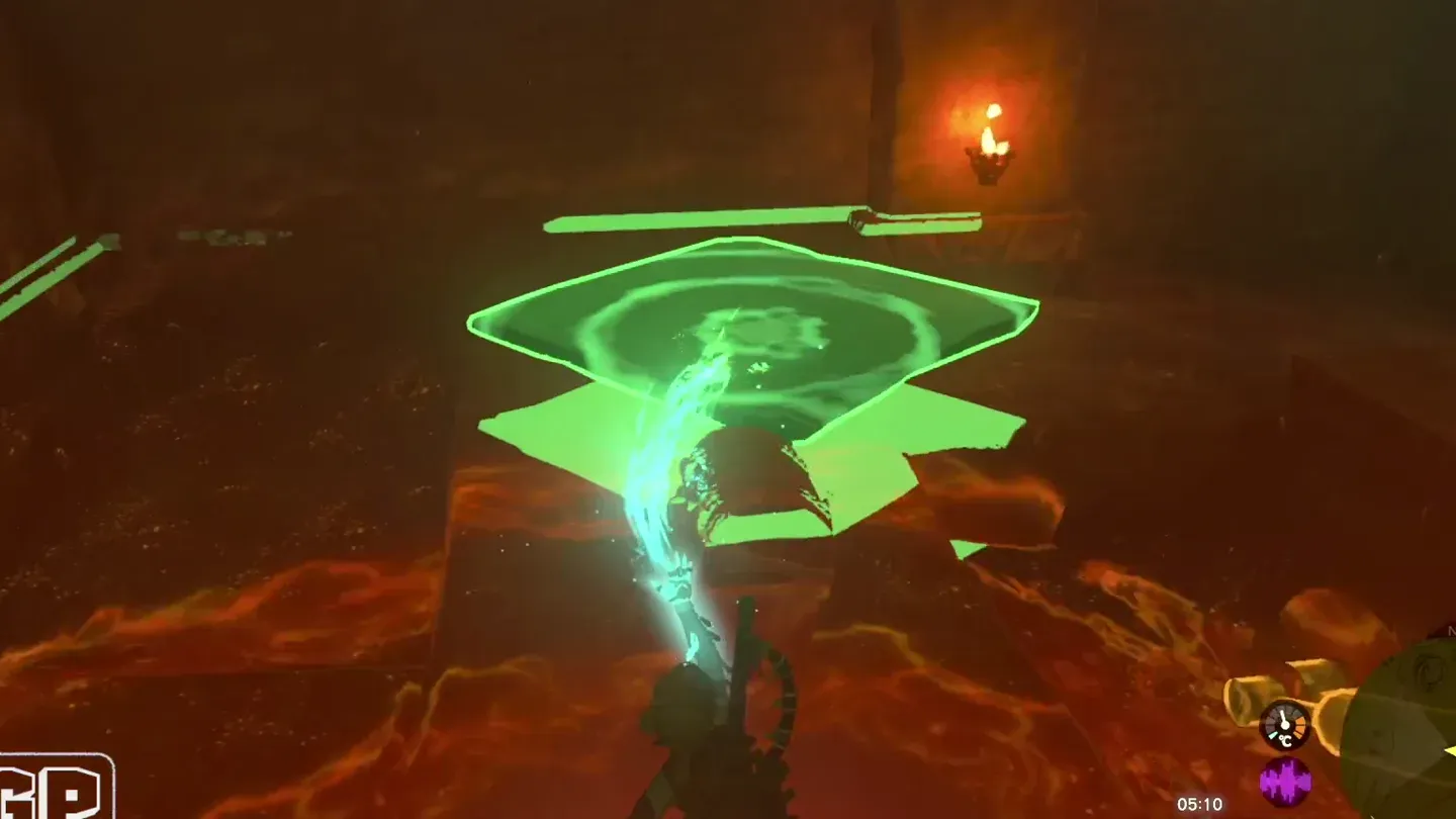 Link lifting a stone slab with Ultrahand above the red floor