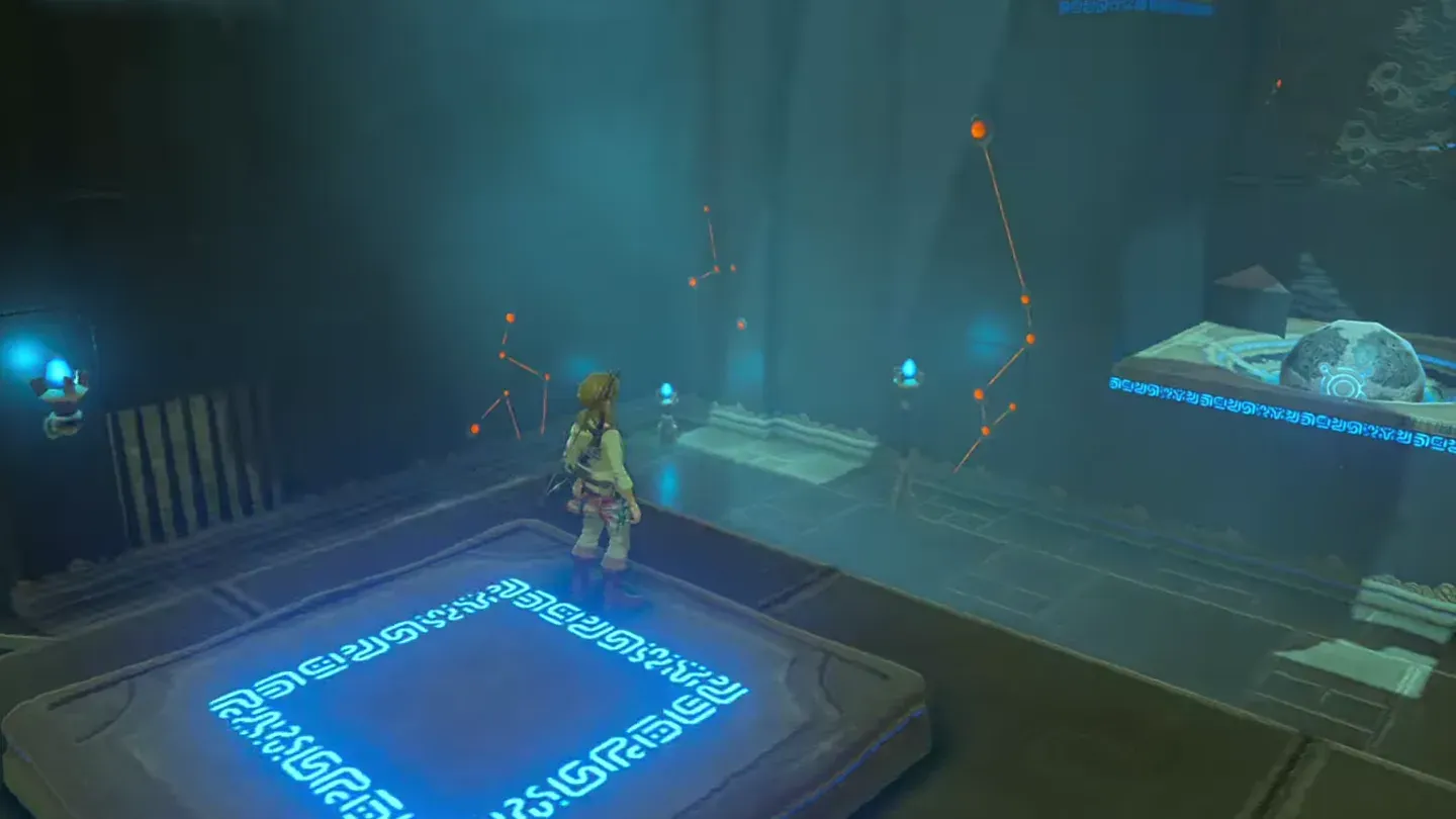 Link walking onto the glowing blue launcher pad