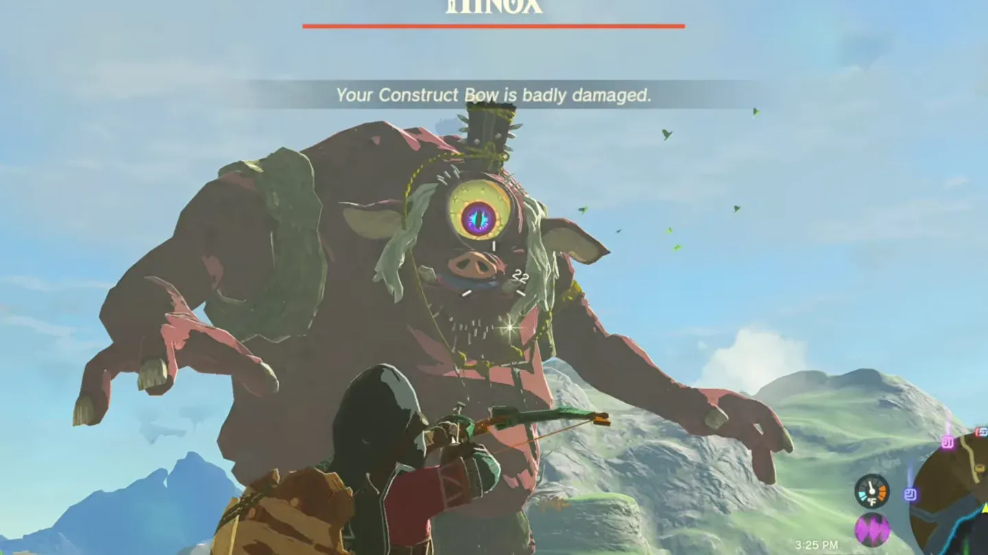 Link aiming a bow at the eye of a standing Hinox