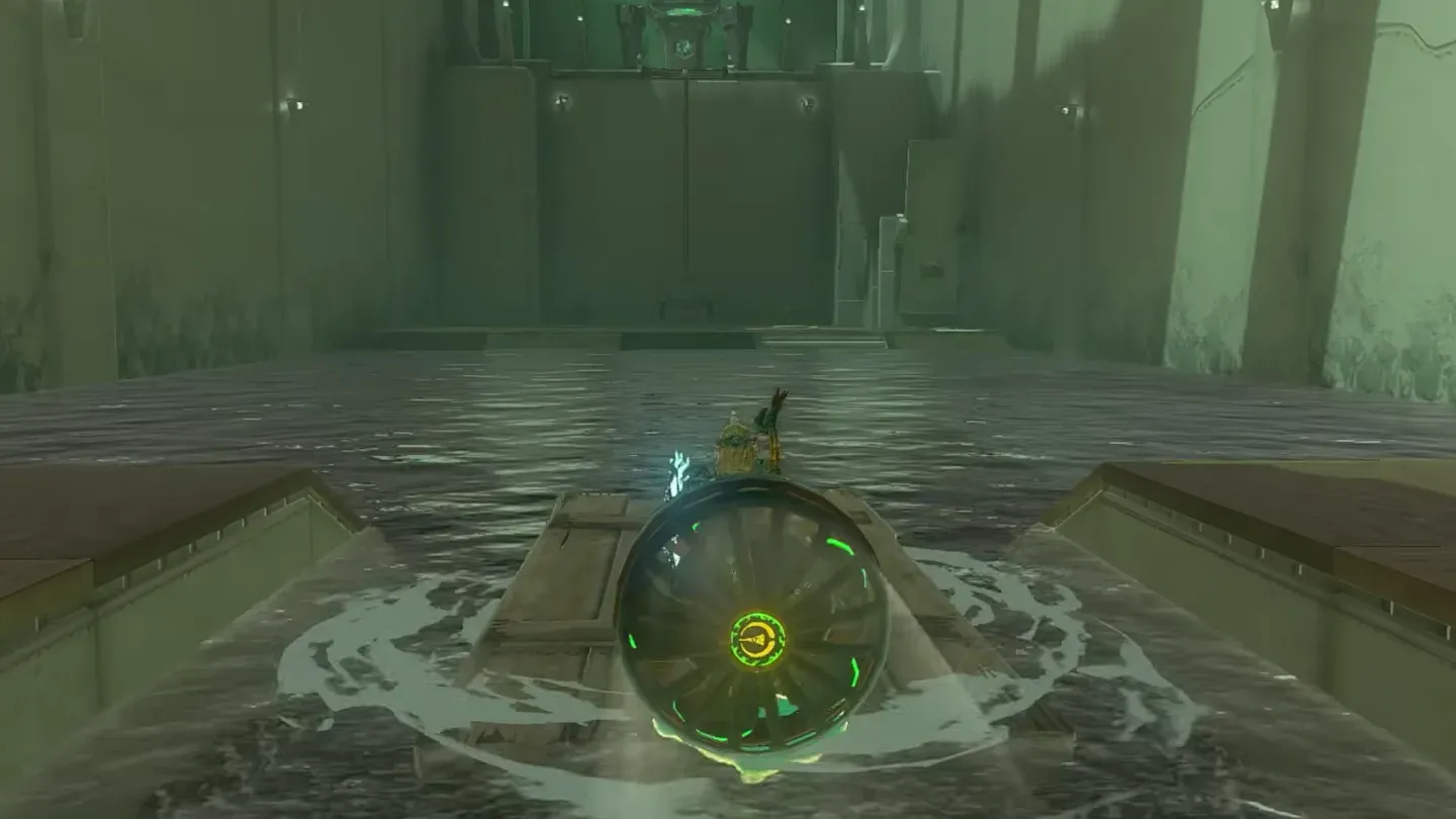 Link riding the fan-powered raft across the water