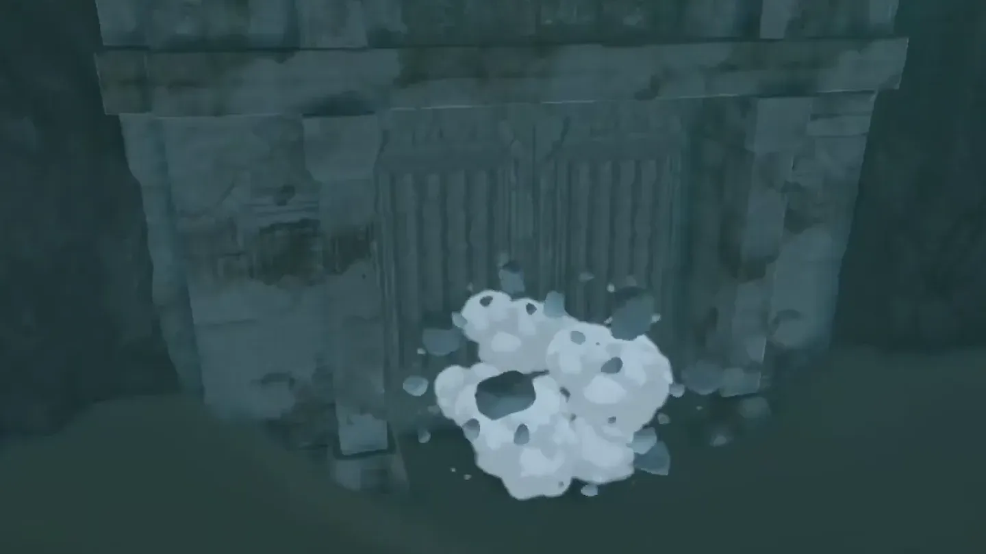 The snowball bursting against the stone gate