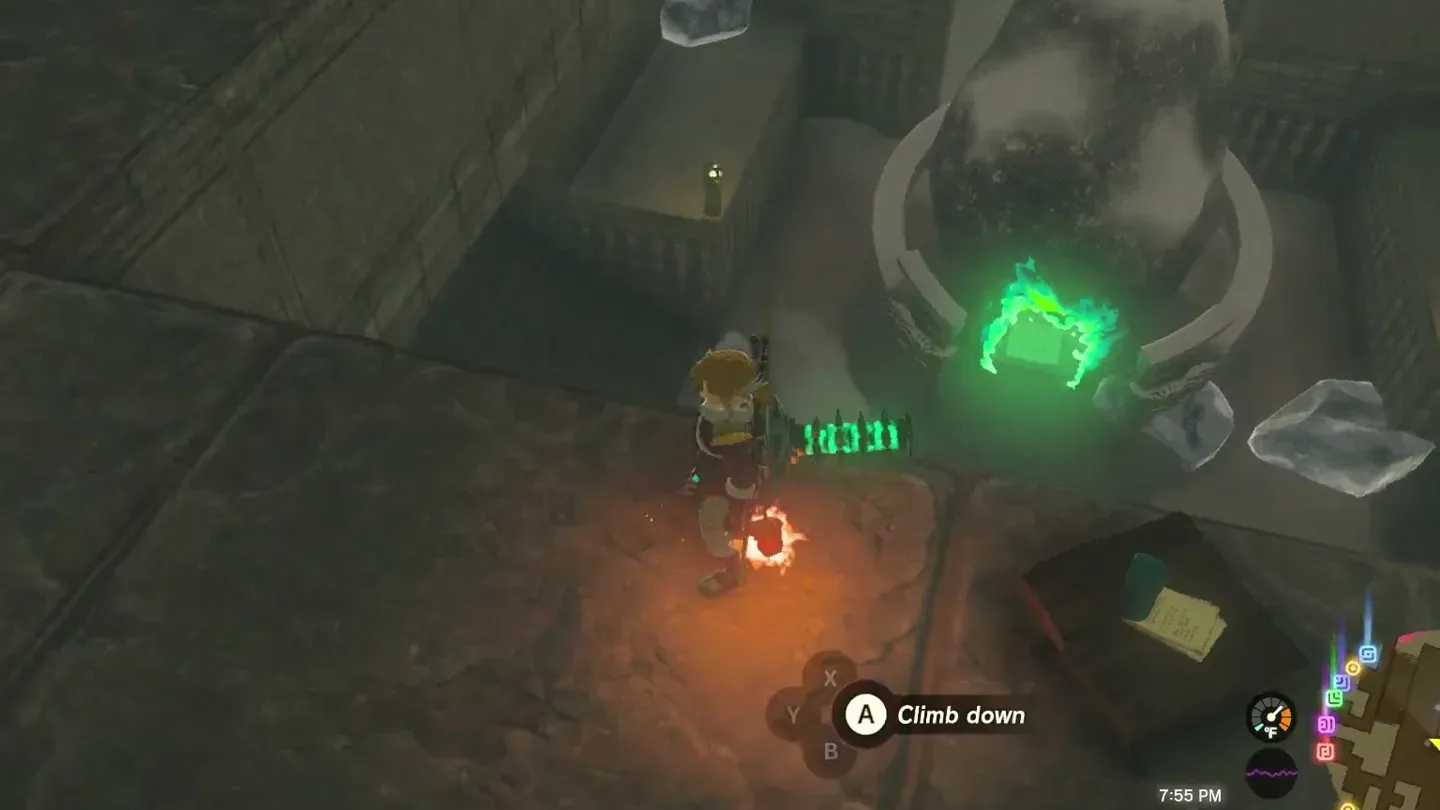 The shrine entrance in the middle of the maze with chunks of ice around it