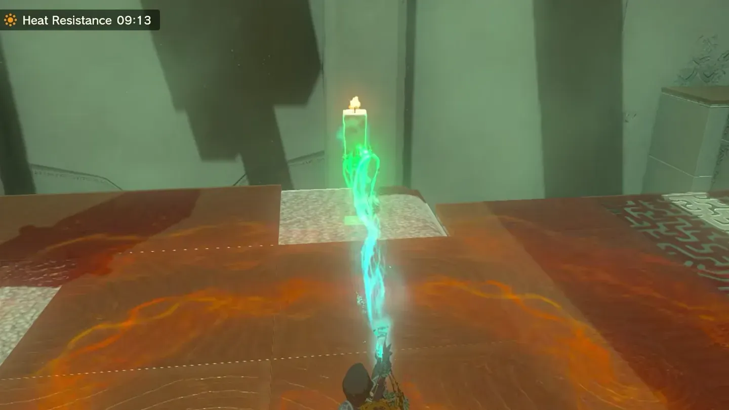 Ultrahand raising the stone torch from a white tile toward a chamber