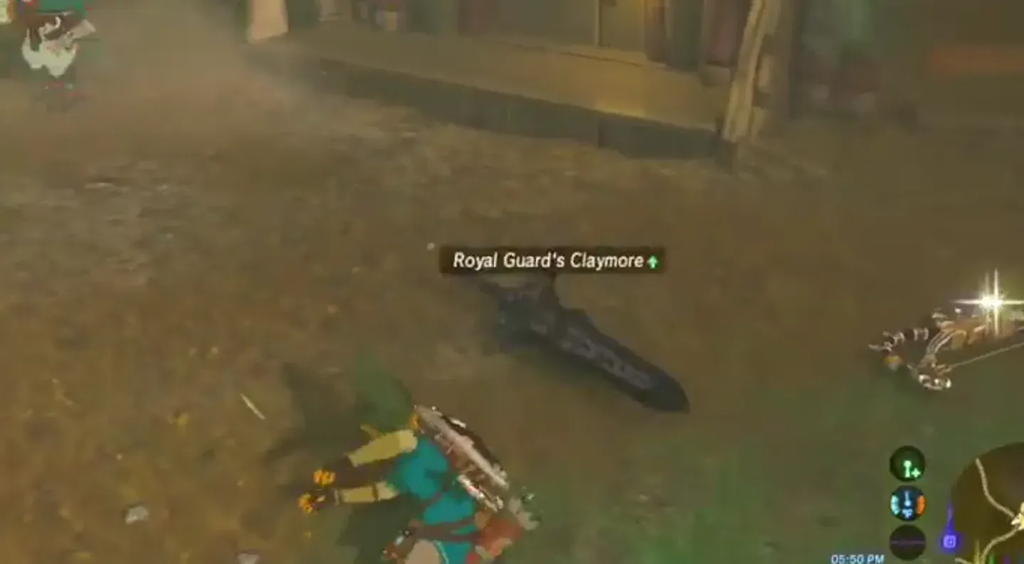 A Royal Guard's Claymore lying on the ground in front of Link at a stable