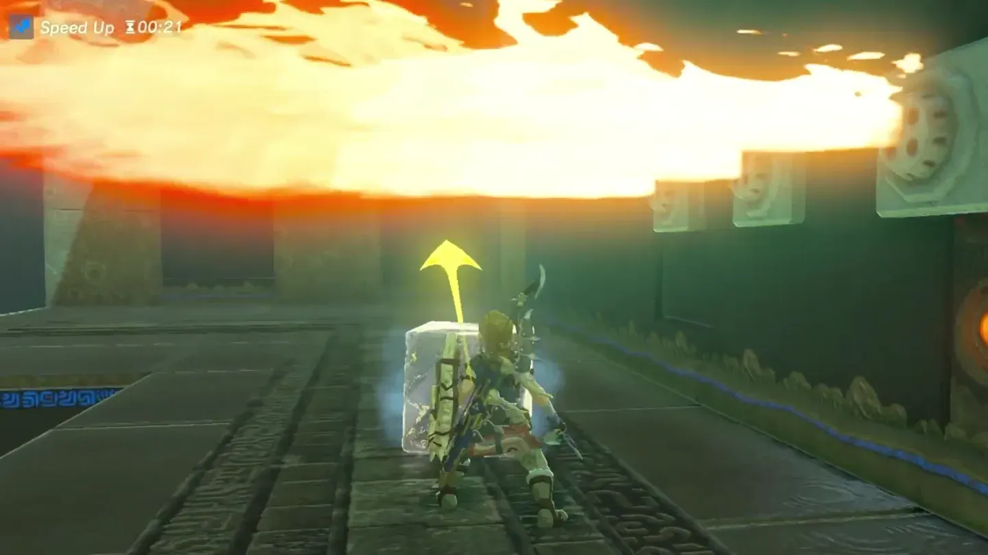 The ice block frozen with Stasis, an arrow showing its launch direction under the flames