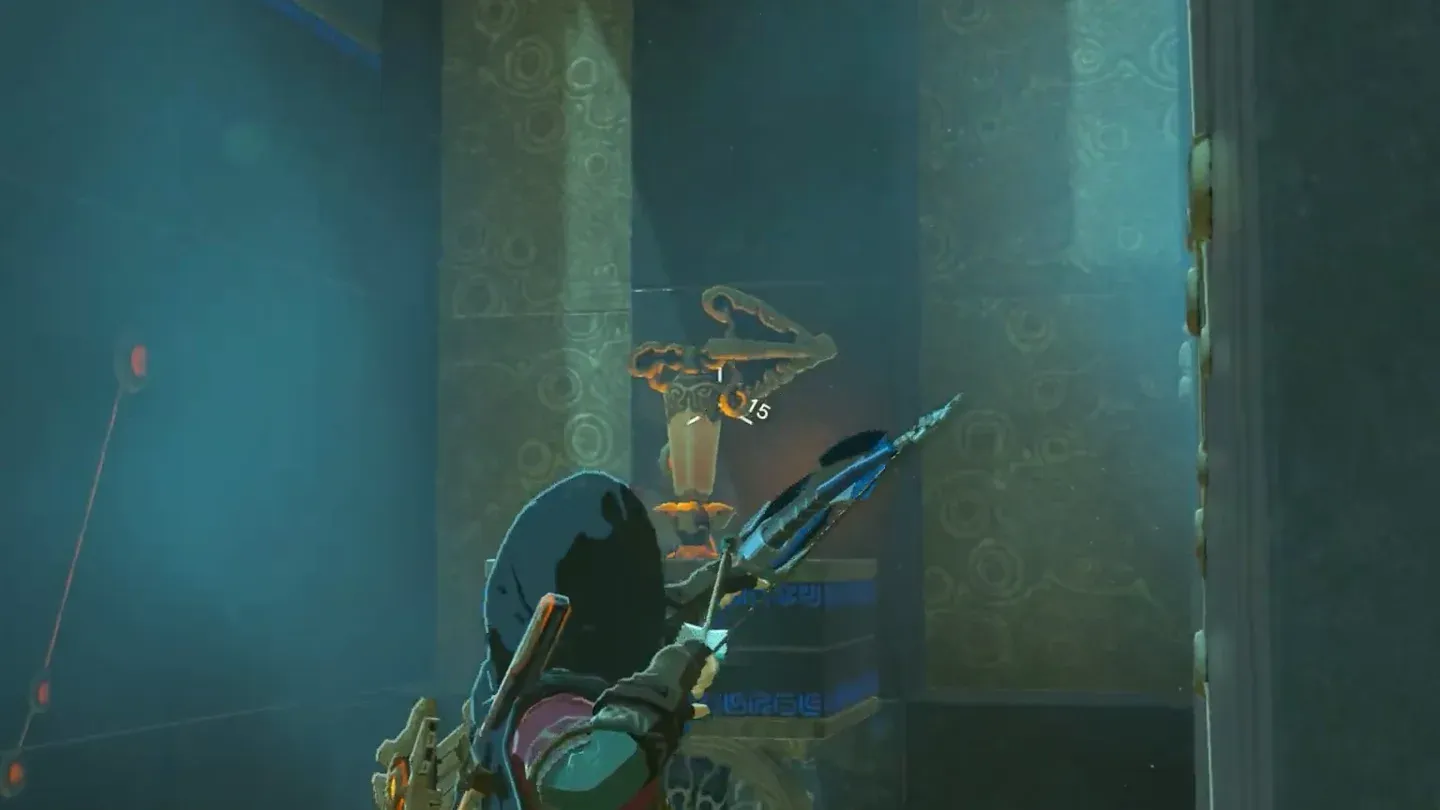 Link aiming his bow at the switch on the floating platform