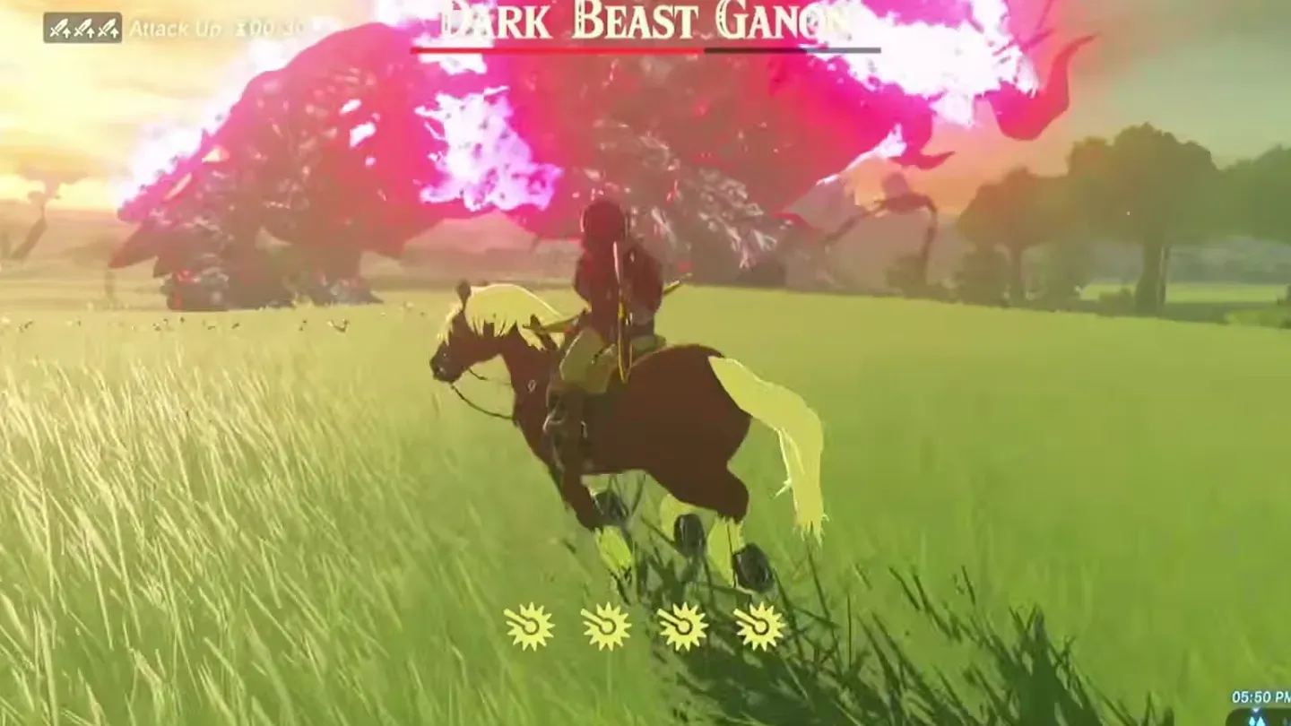 ハイラル平原で魔獣ガノンを背に馬に乗るリンク