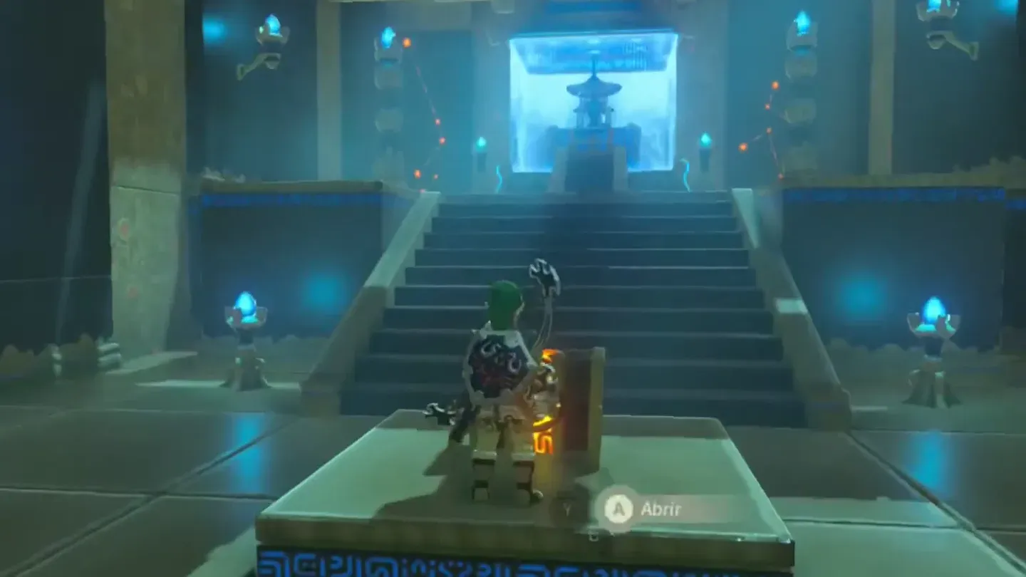 Link opening the stone chest at the foot of the stairs