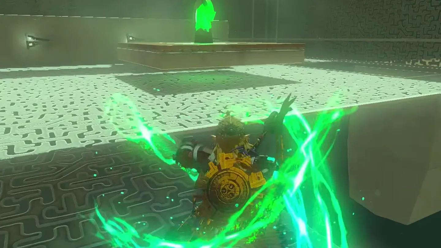 Link rising through the floor of the large room with Ascend