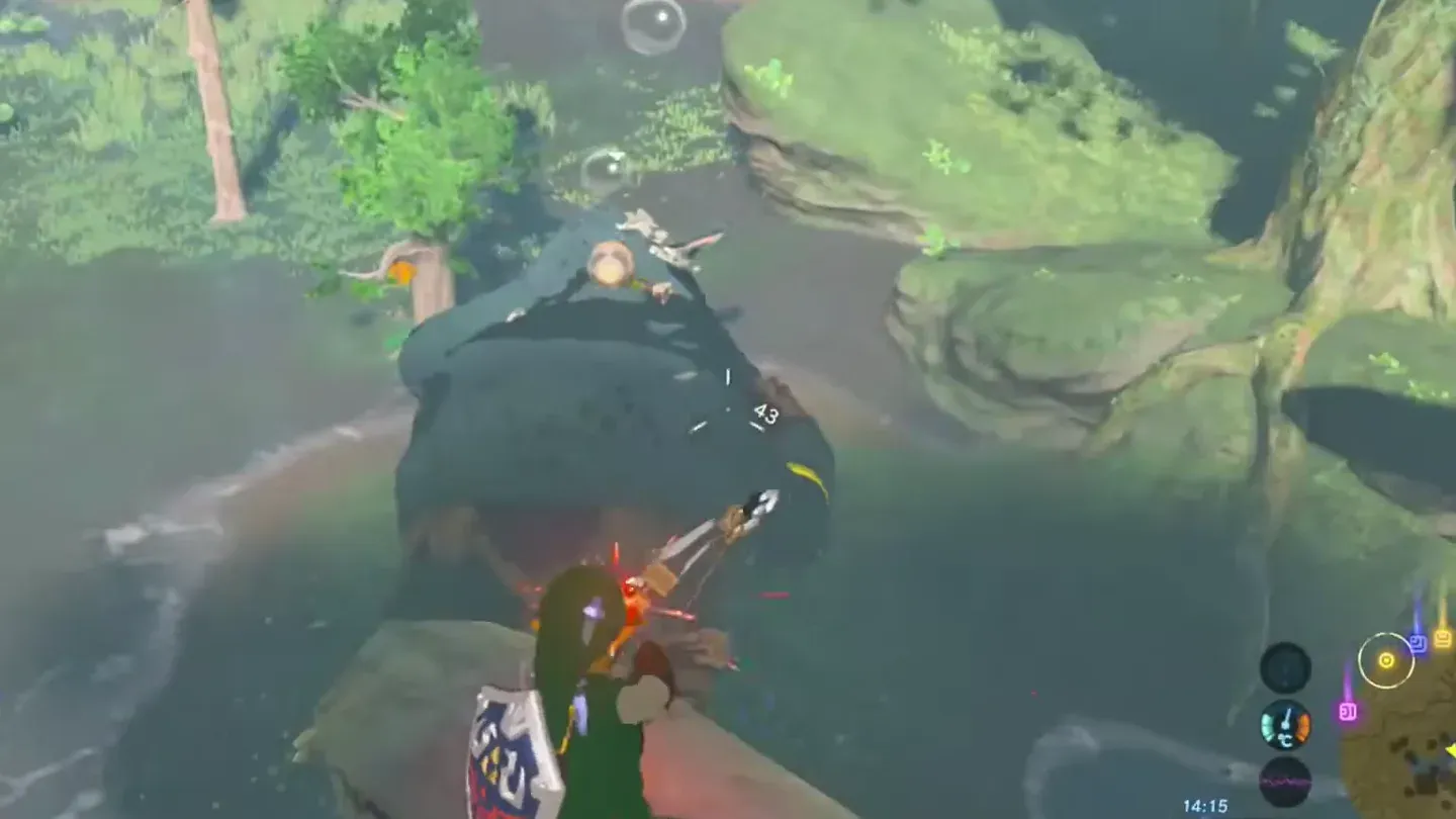 Link aiming at the Blue Hinox lying on the ground