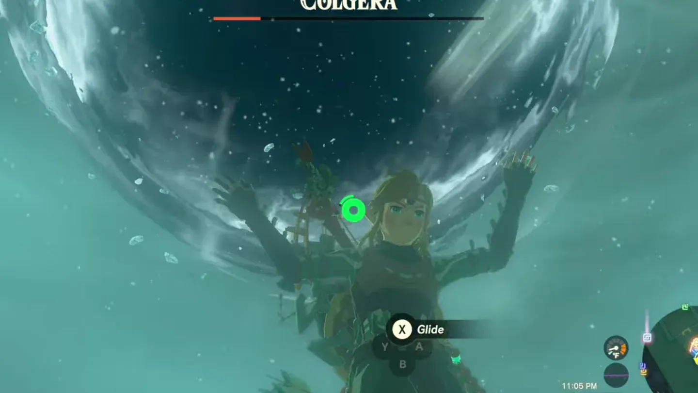 Link gliding near the swirling teleport bubble Colgera escapes into