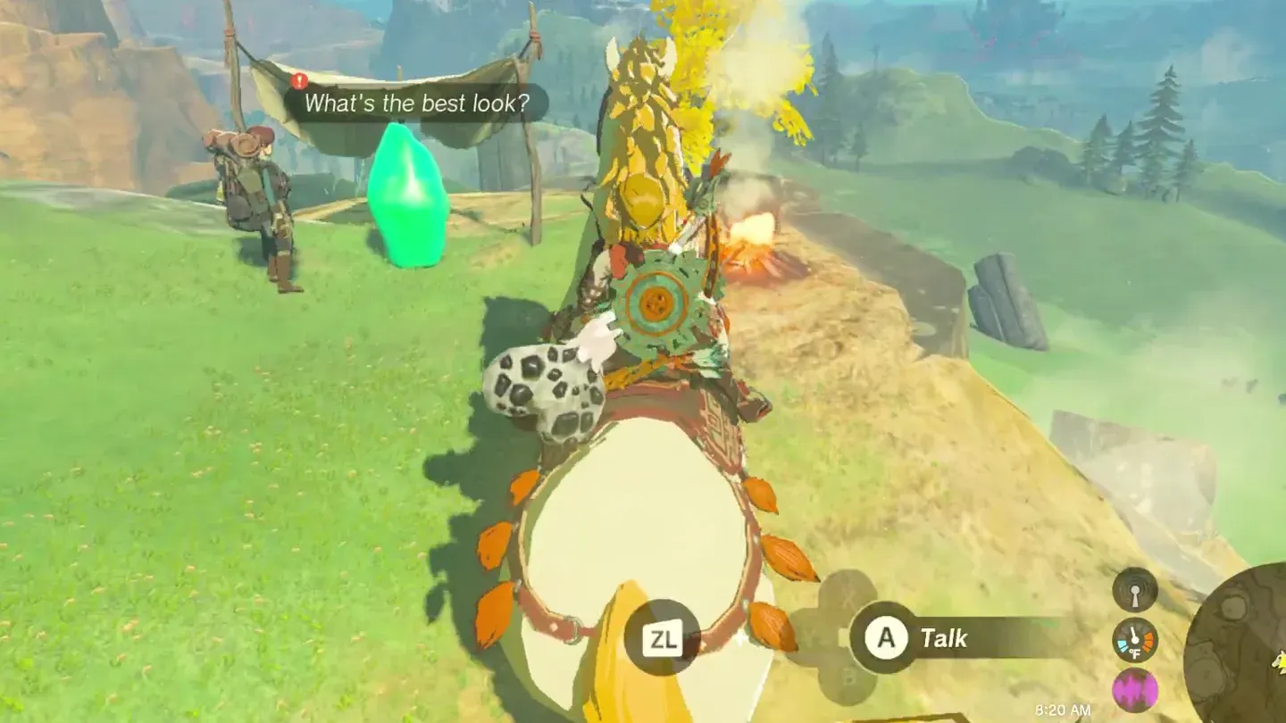Link on the horse in front of the man with the green crystal
