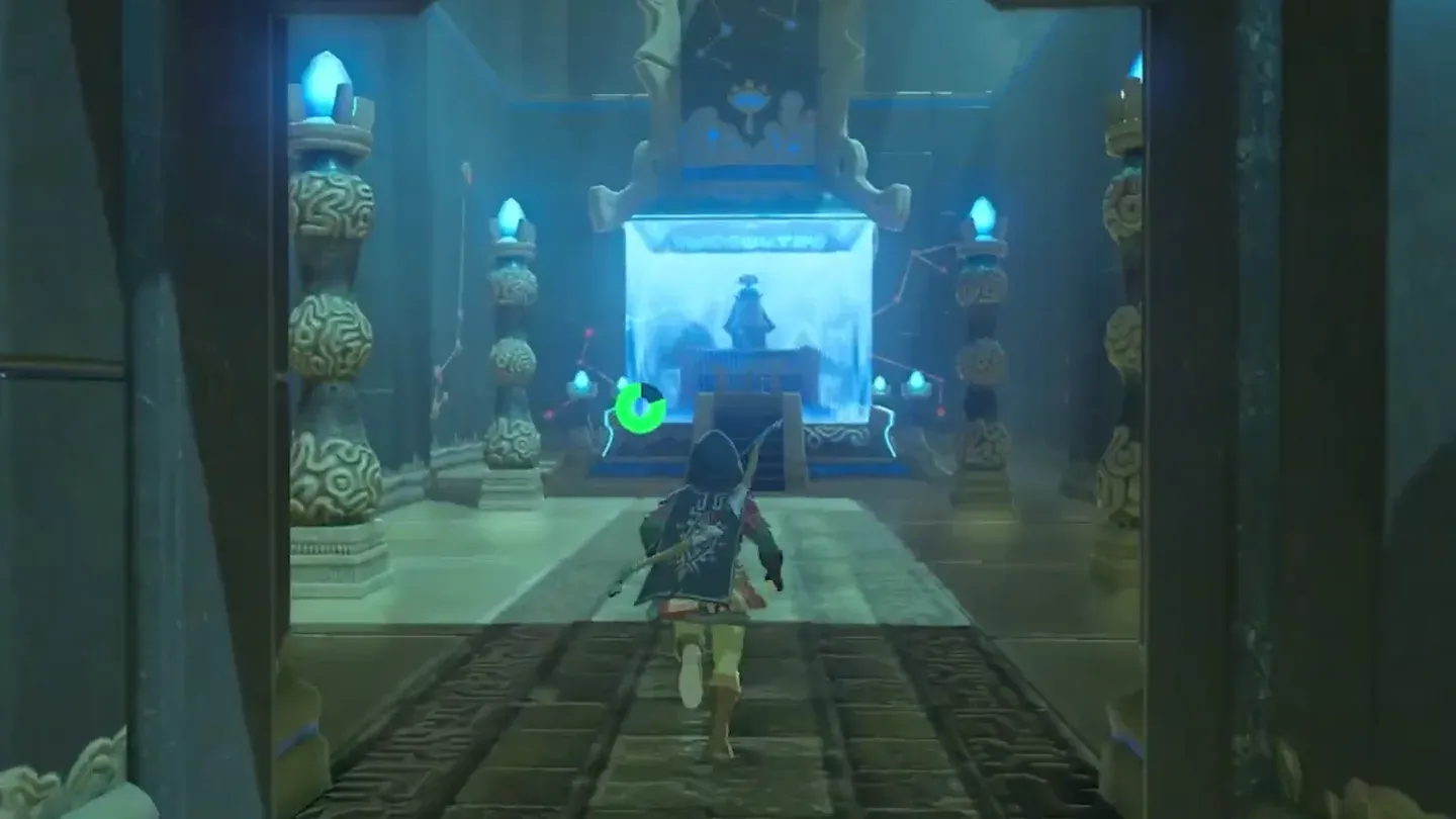Link walking through the open gate toward the monk