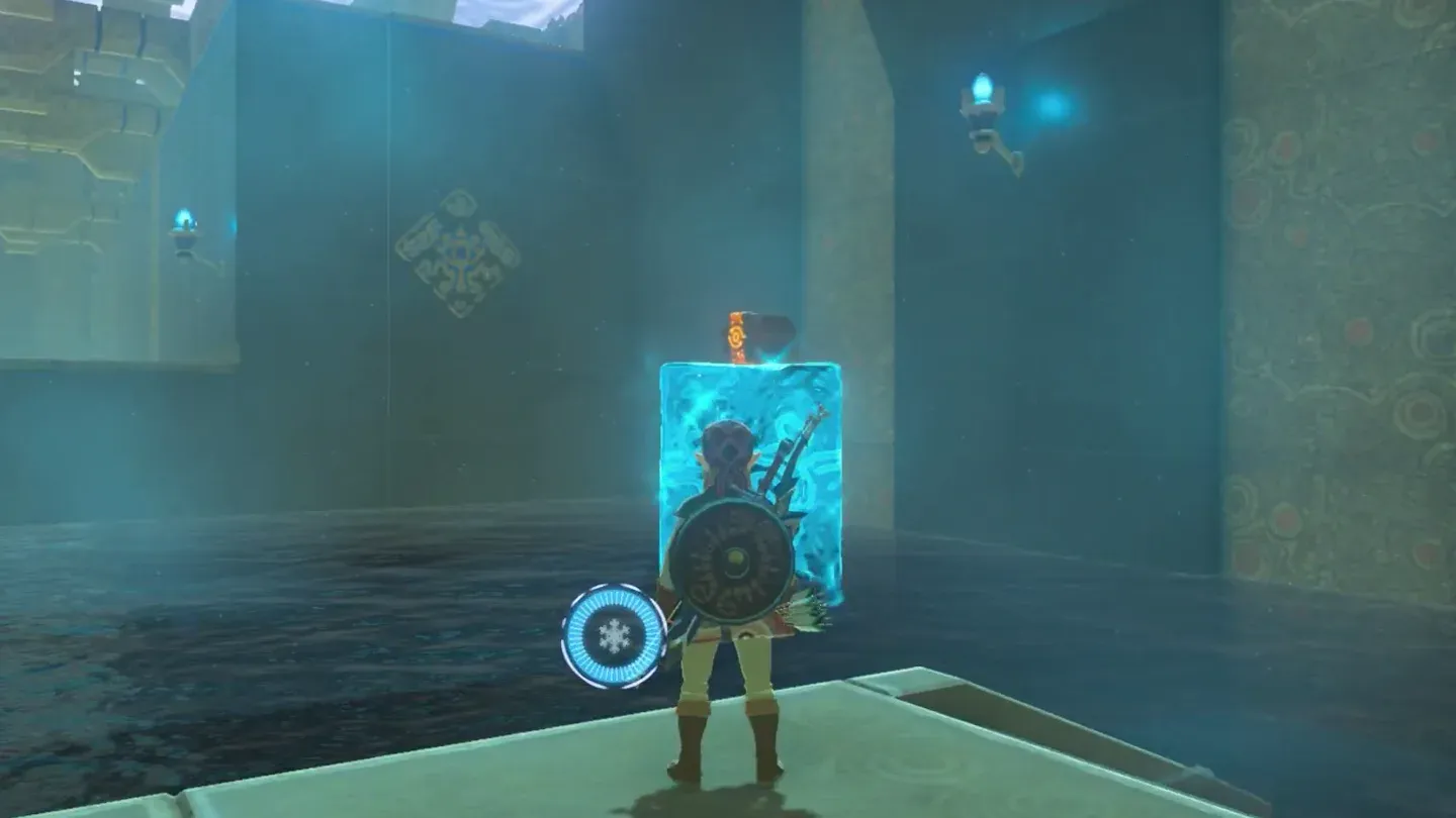 Link beside an ice pillar that has lifted the treasure chest out of the water