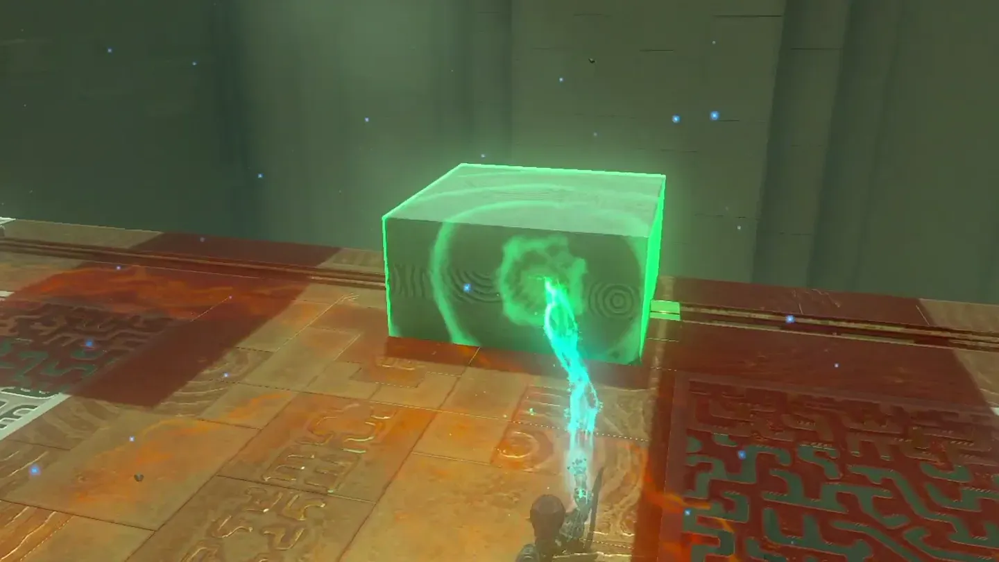 Link moving a large stone block with Ultrahand