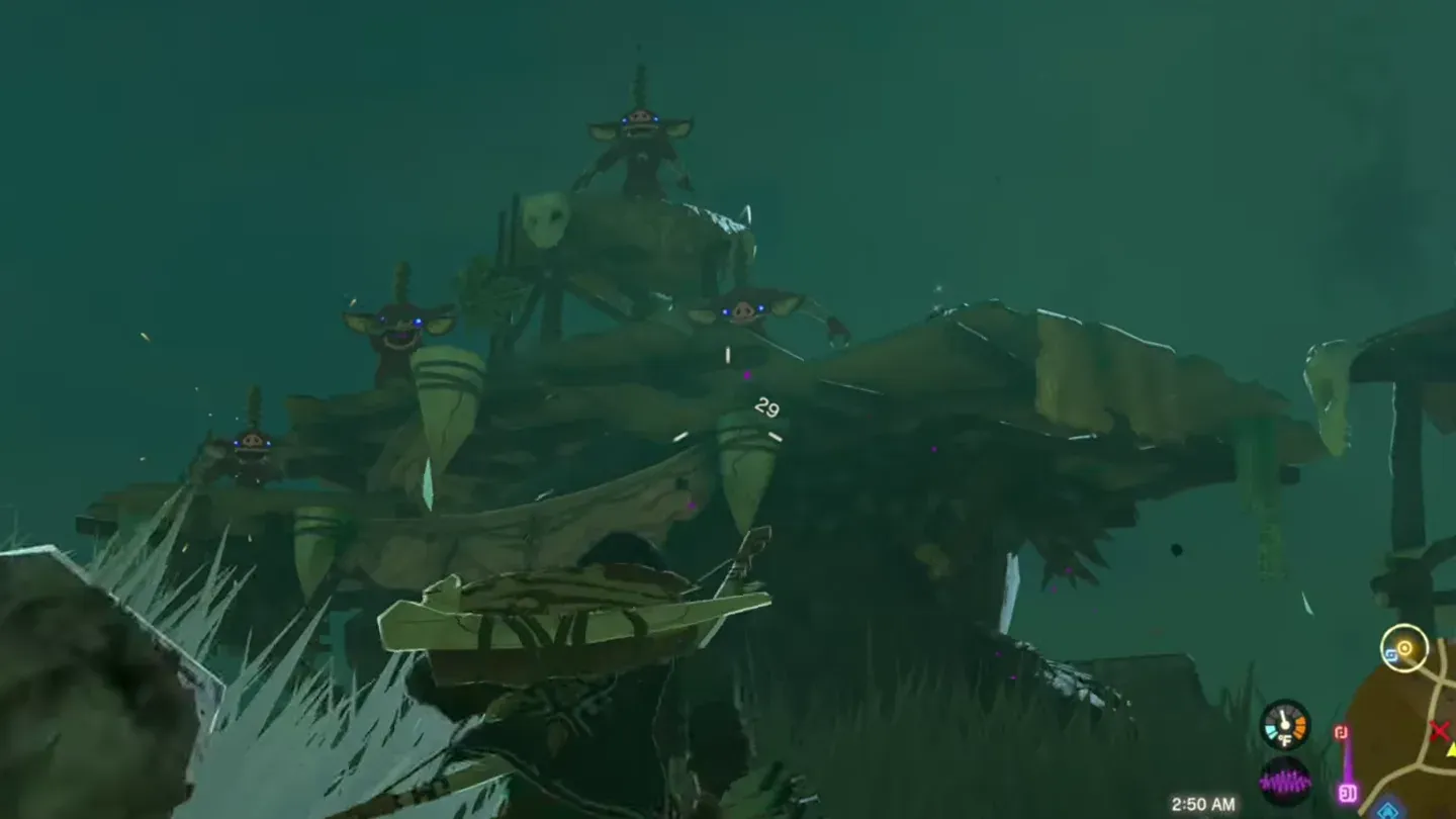 A Battle Talus at night with Bokoblins on its wooden deck
