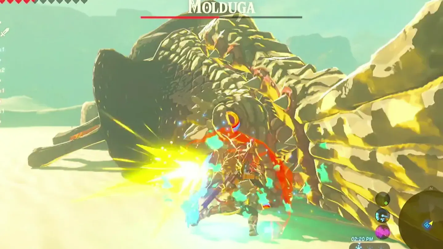 Link hitting the Molduga as it lies on the sand