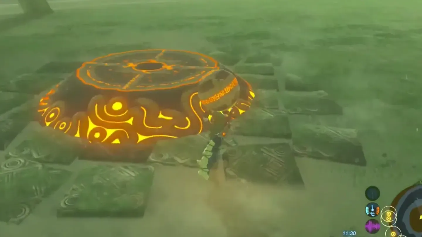 Link bringing the orb up to a round pedestal glowing orange