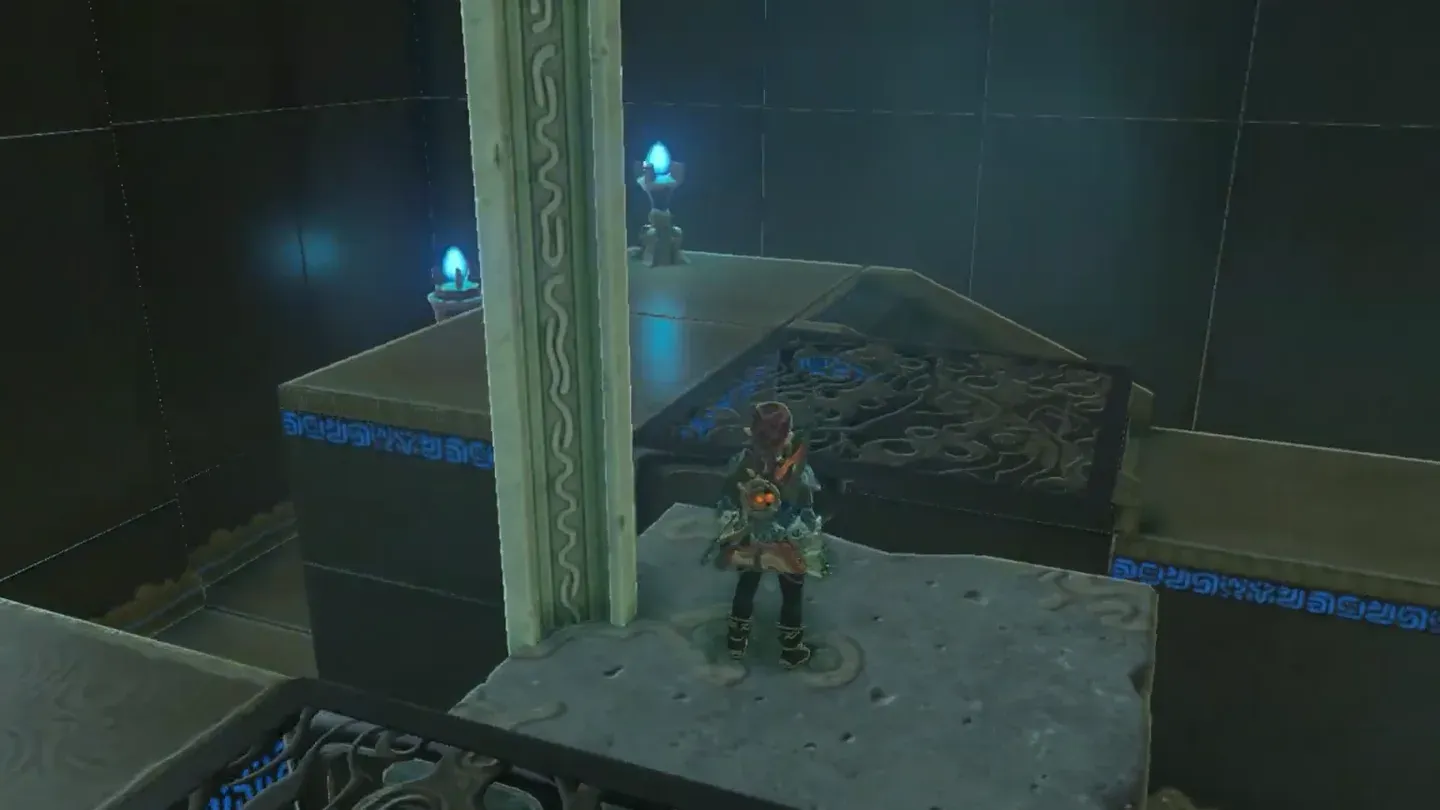 Link standing on top of the stone block after loading another round bomb
