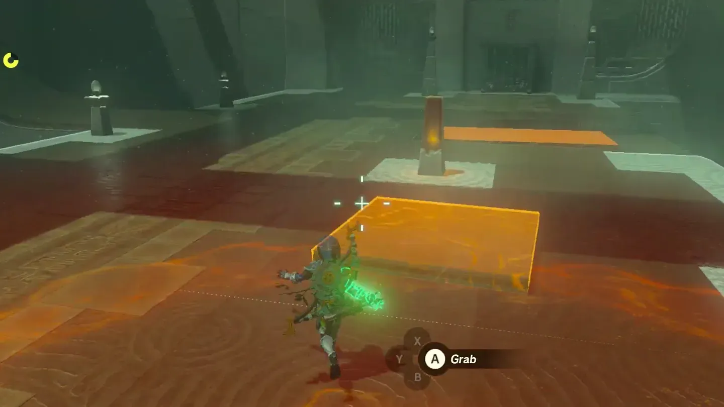 Room two: Link about to grab the rectangular plate, with the square plate and the basket further ahead
