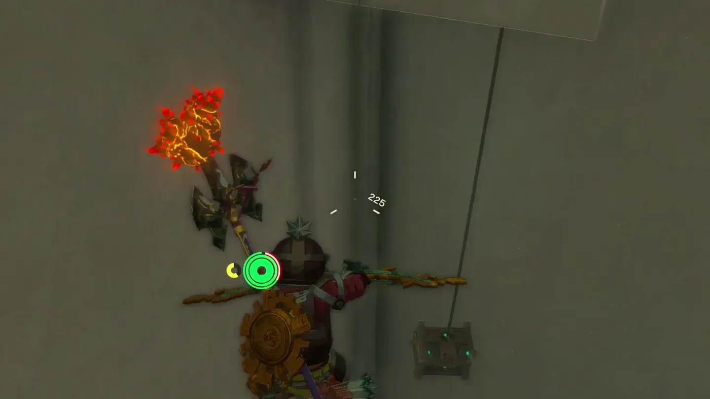 Link in midair aiming a bow at the rope holding a chest