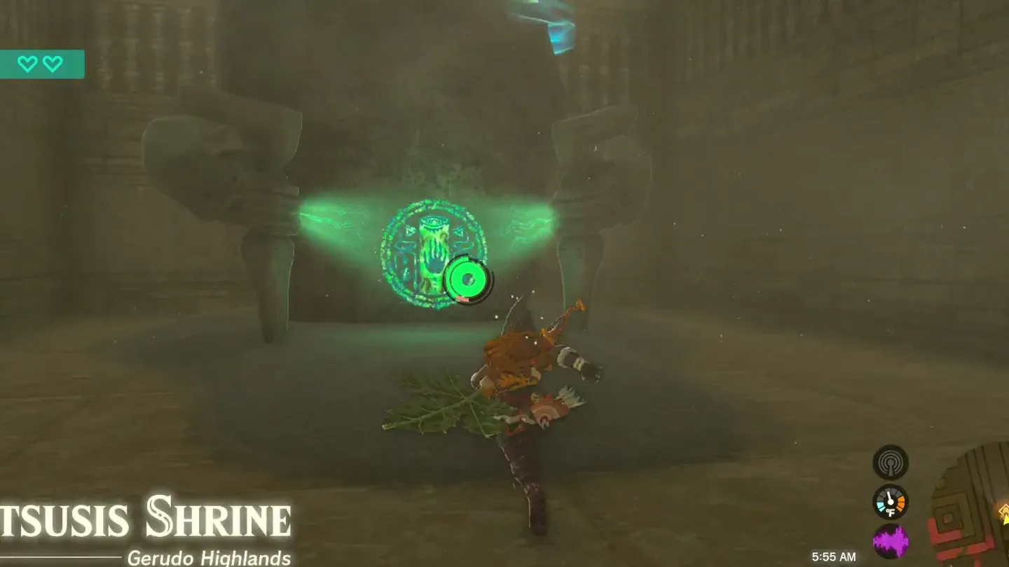 Link activating Motsusis Shrine at the end of the trail