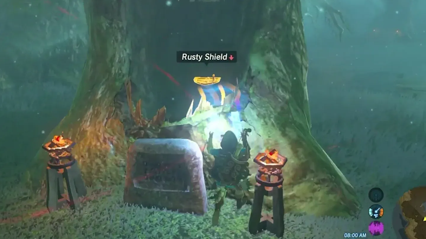 Link placing a shield into the mouth of a tree beside a sign