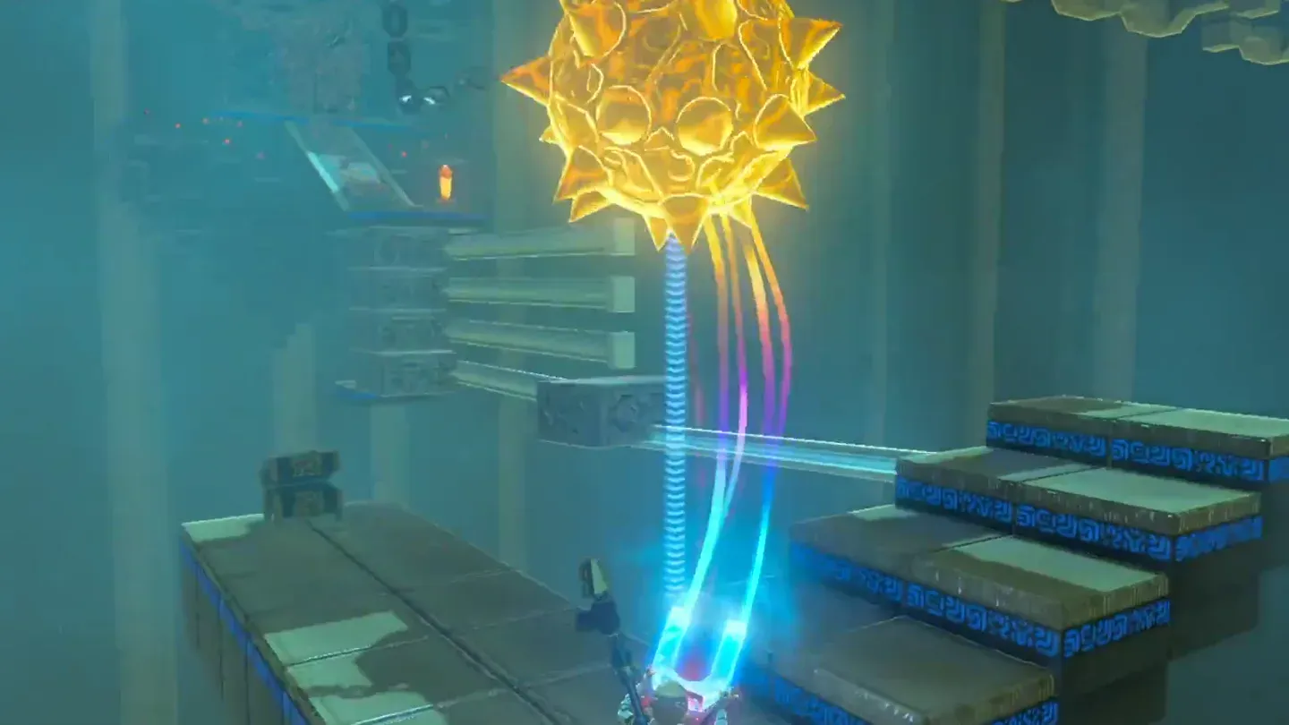 Link swinging another spiked ball aside above the steps