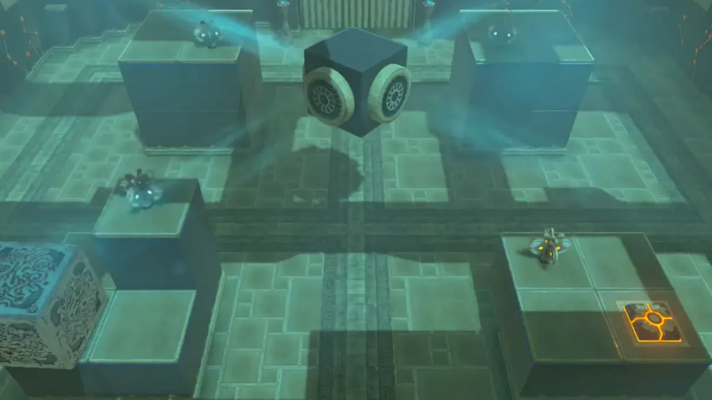 The wind machine cube hanging above the room of fans