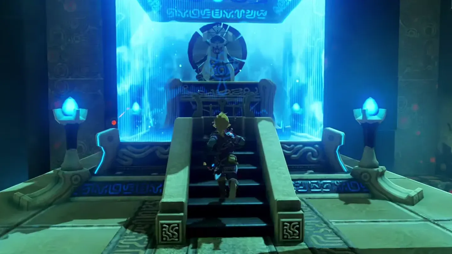 Link climbing the steps to the monk