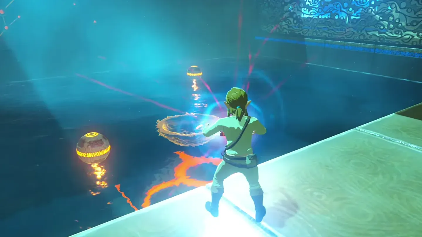 Link lowering the bowl onto the orange floor switch under the water