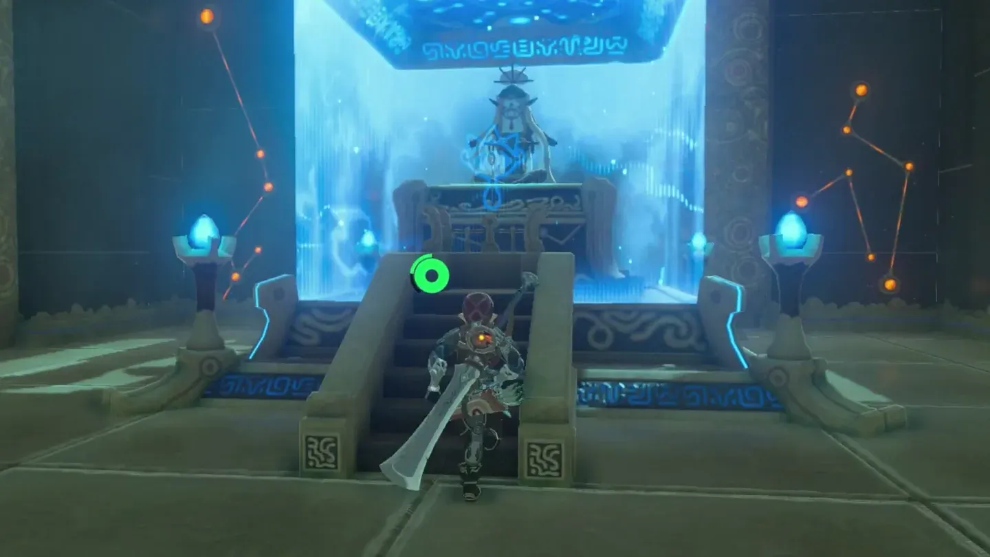 Link climbing the steps to the monk at the altar