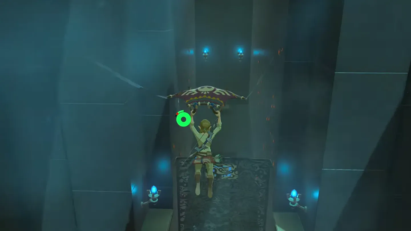Link gliding across the room with the paraglider