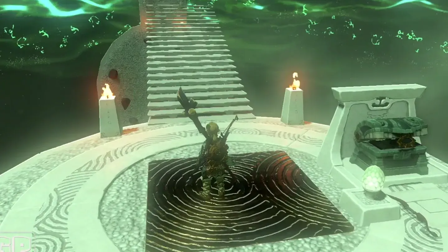 Link standing on the revealed launch platform in front of the chest