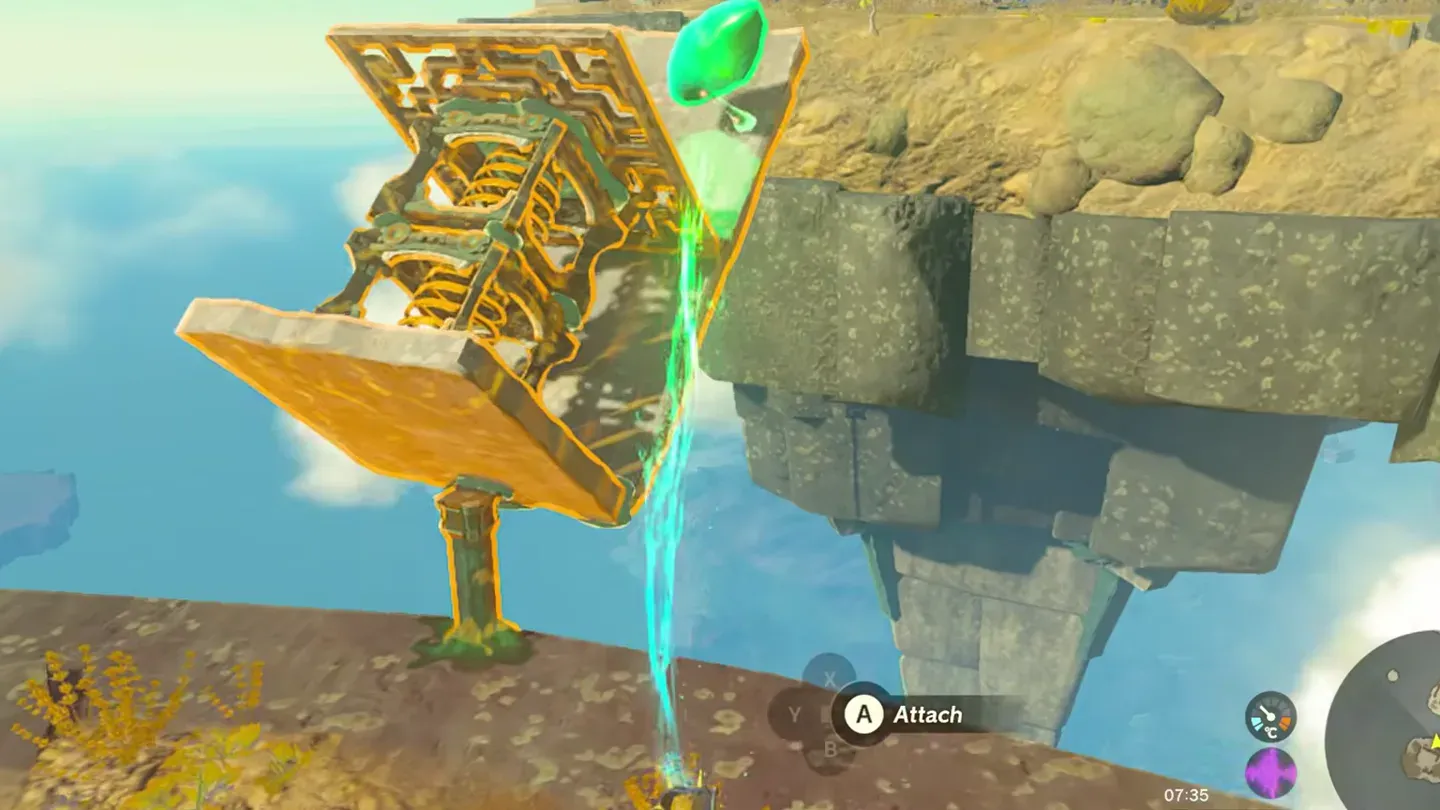 Ultrahand setting the green crystal onto the tilted launch pad