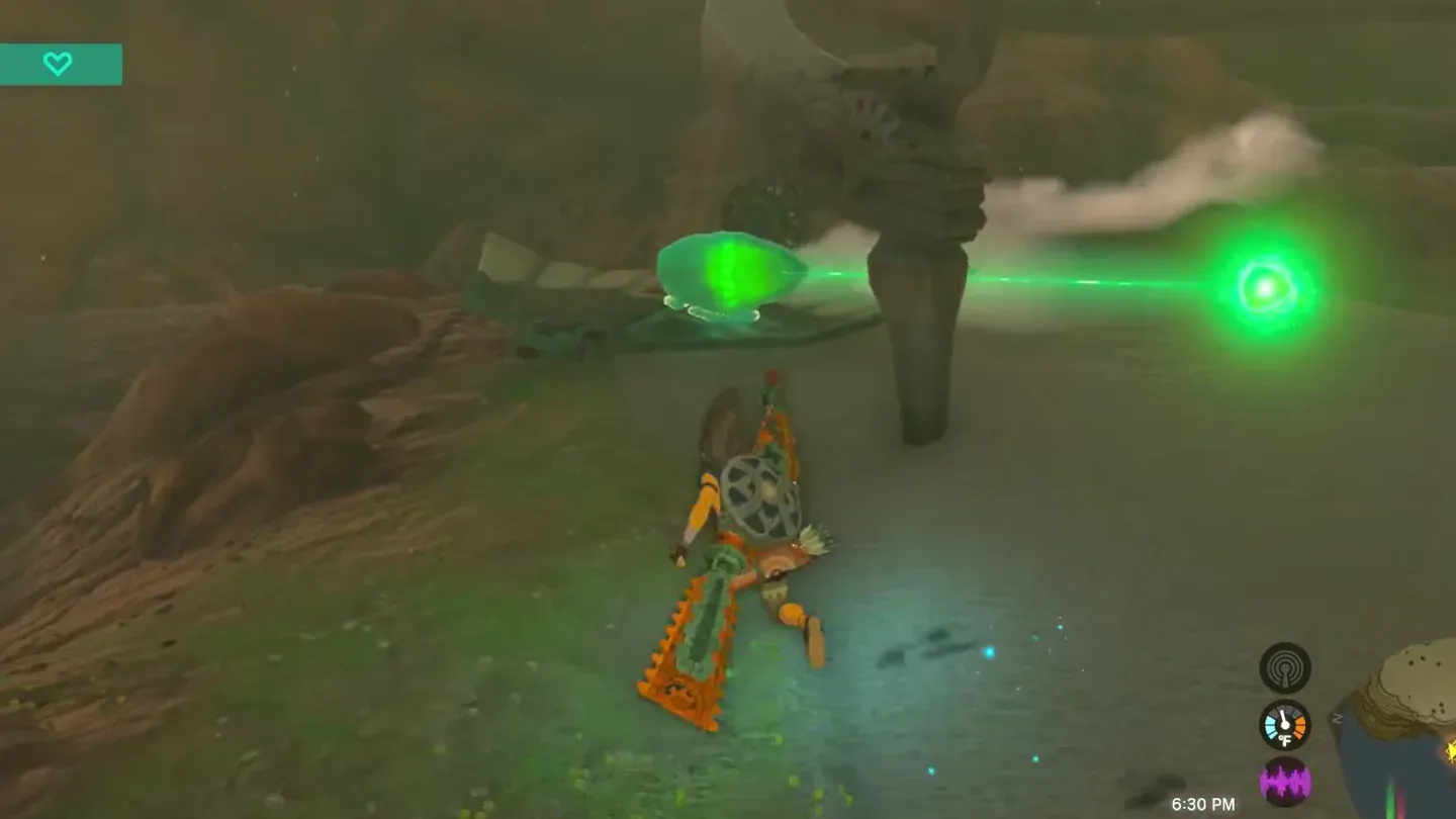 The crystal on the shore with its beam pointing at the glowing shrine spot