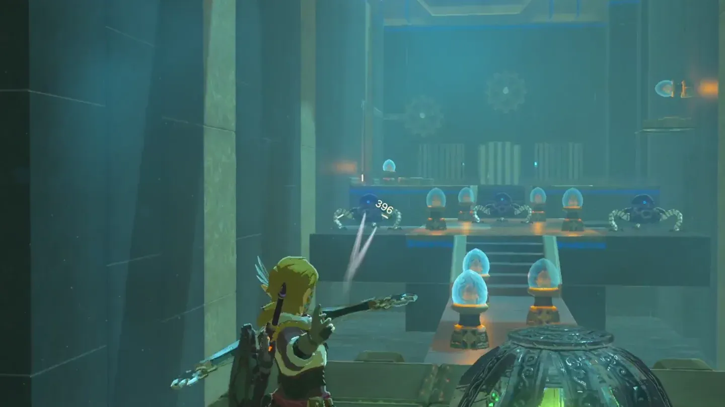 Link aiming a bow at Guardian Scouts on the narrow pathway