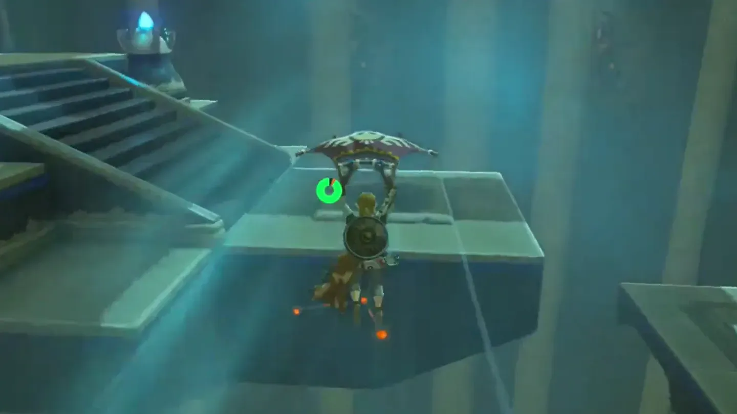 Link gliding over the stone landing platform