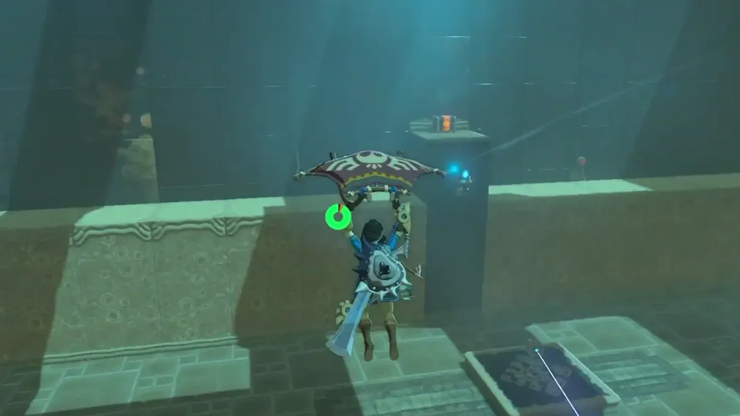 Link paragliding toward the low pillars, a chest on the central pillar