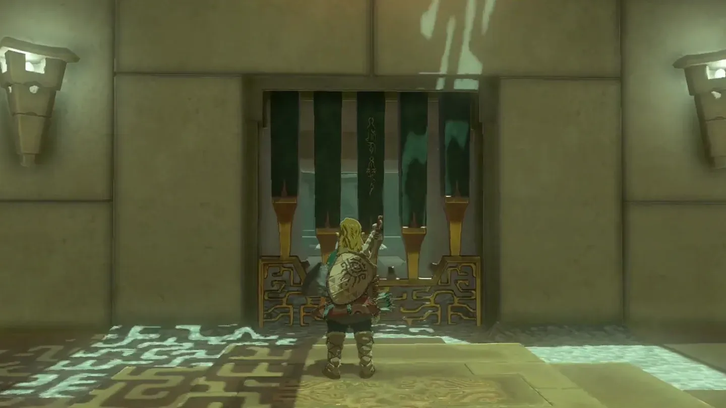 Link walking through the opened gate
