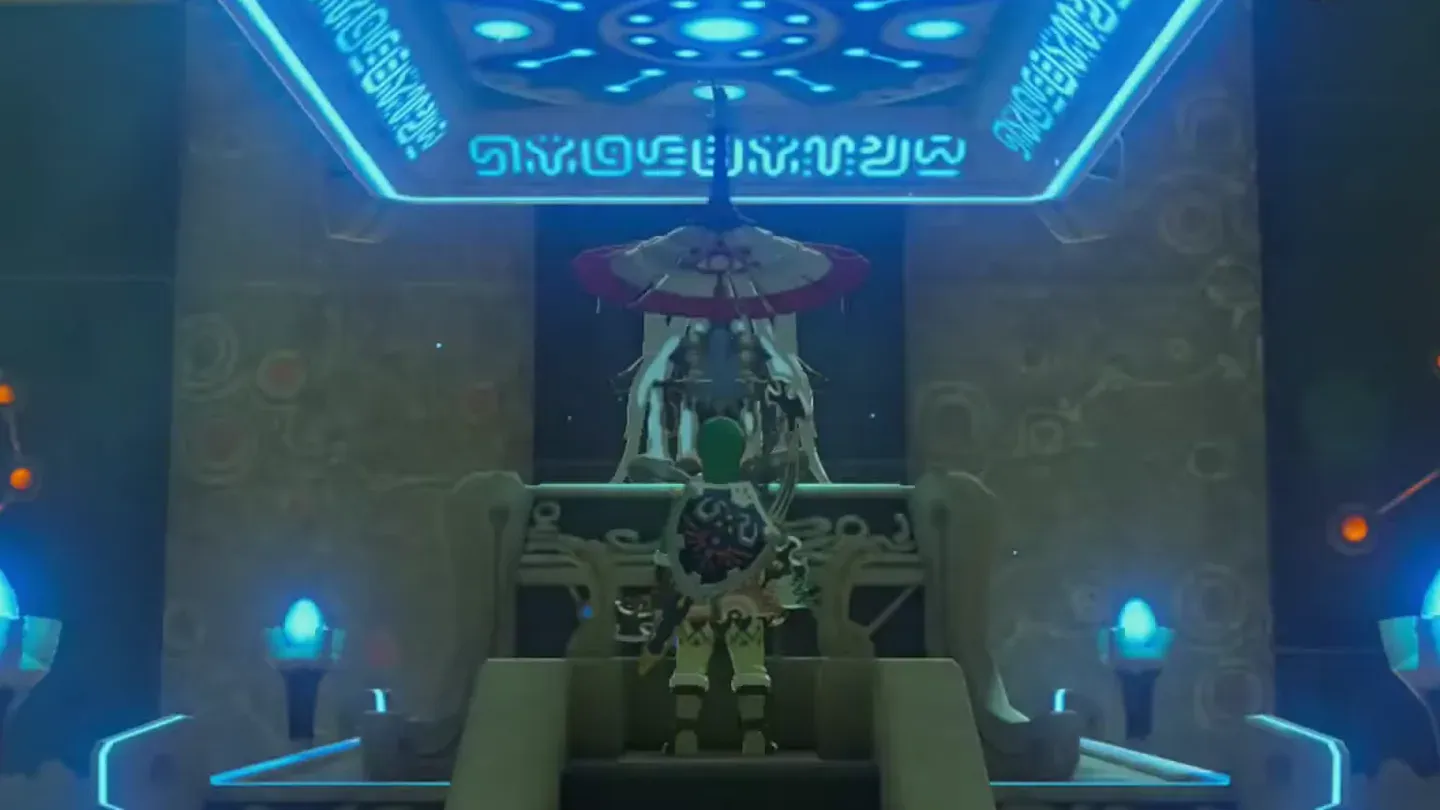 Link standing before the monk on the pedestal