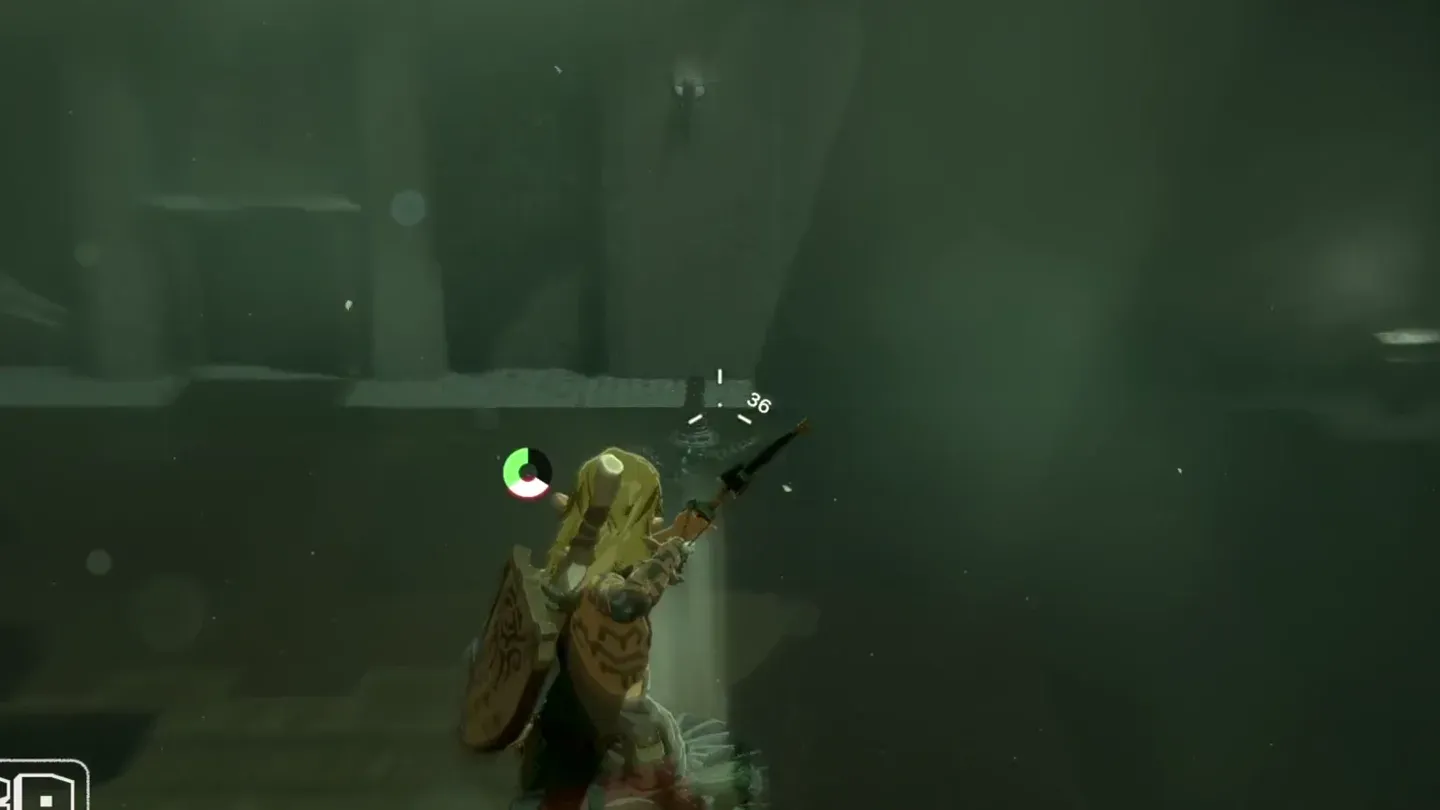 Link aiming a bow from midair at the next Constructs