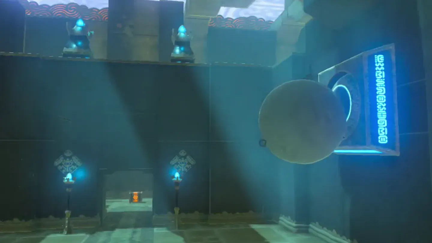 The swinging boulder pressed against the glowing blue wall switch
